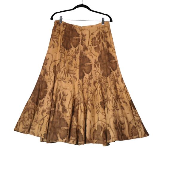 Lauren Ralph Lauren Midi Skirt Women 6 Brown 100% Linen Full Artsy Abstract Boho - Picture 4 of 9